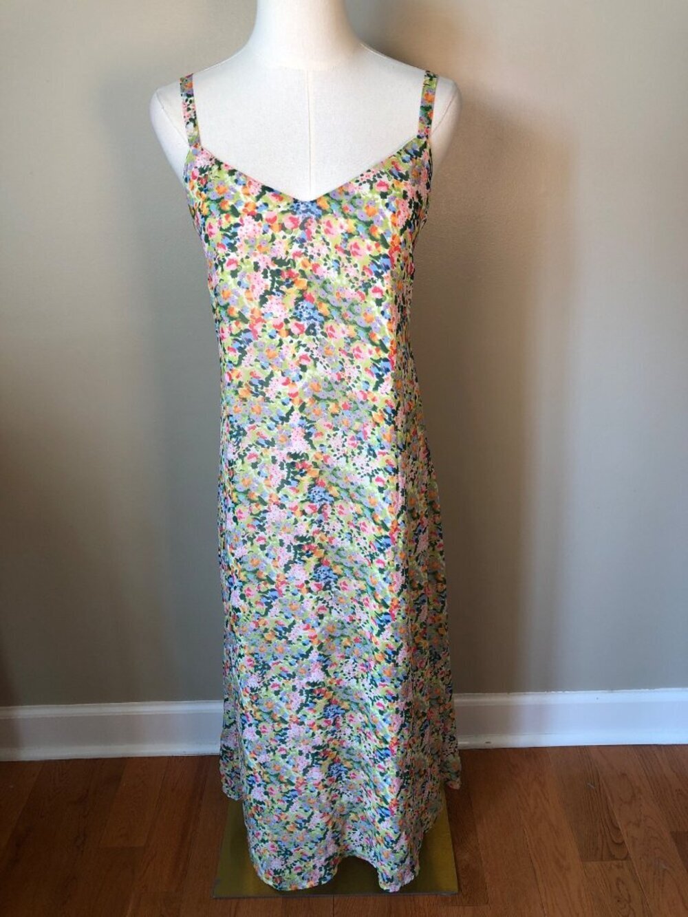 Nina Leonard Multicolor Floral Sleeveless Midi Dress With Spaghetti Straps Sz L